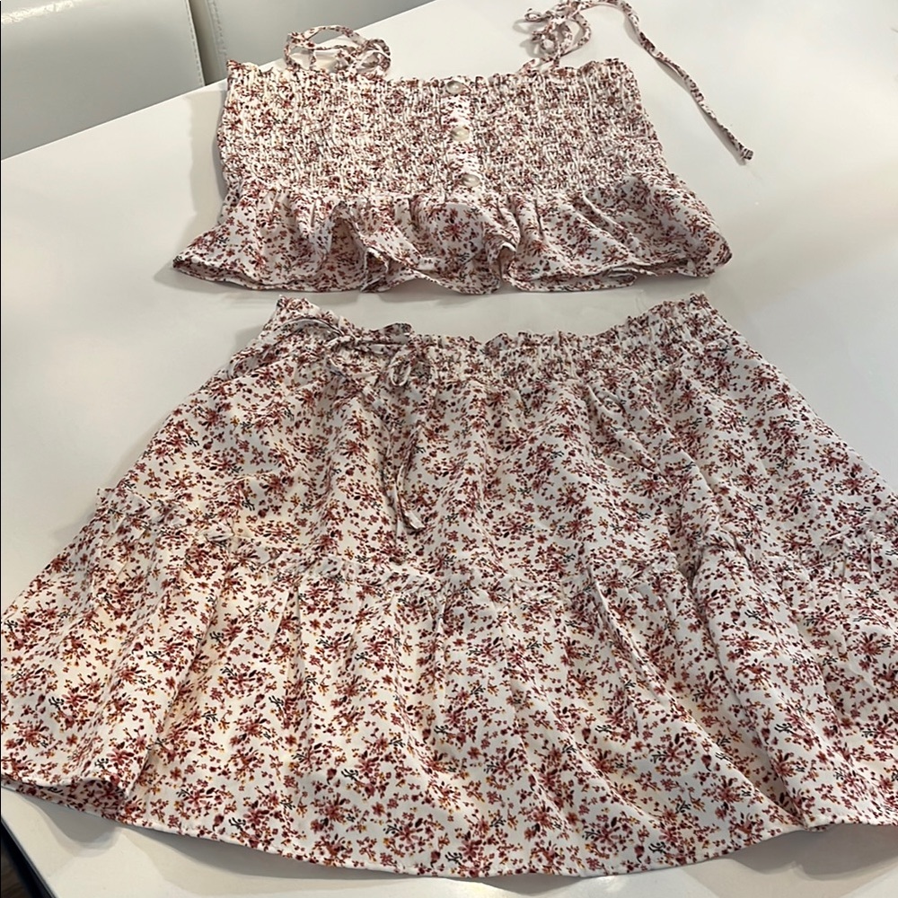 Floral Kids Skirt and Top Set - Red and White